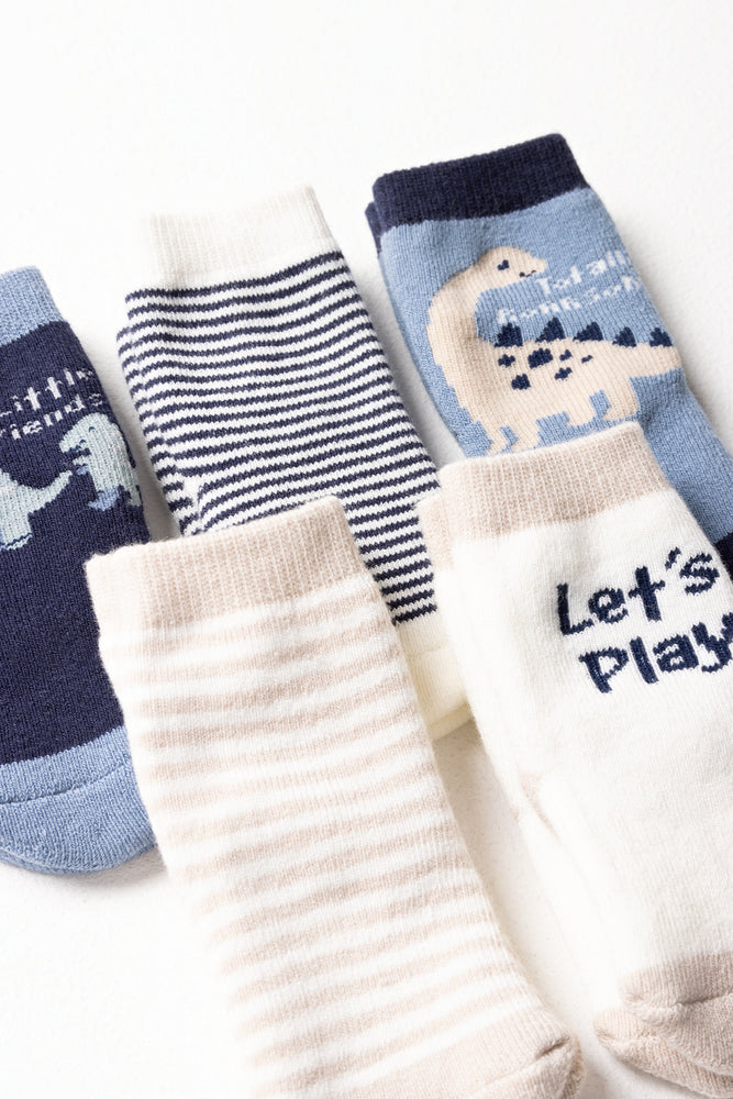 5 Pack Dinosaur Socks Navy And Natural