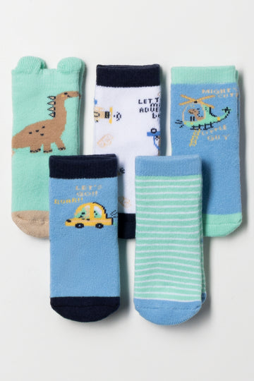 5 Pack Dinosaur And Car Socks Blue