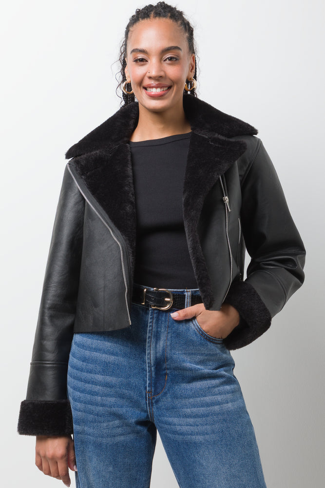 Fur Trim Aviator Jacket Black
