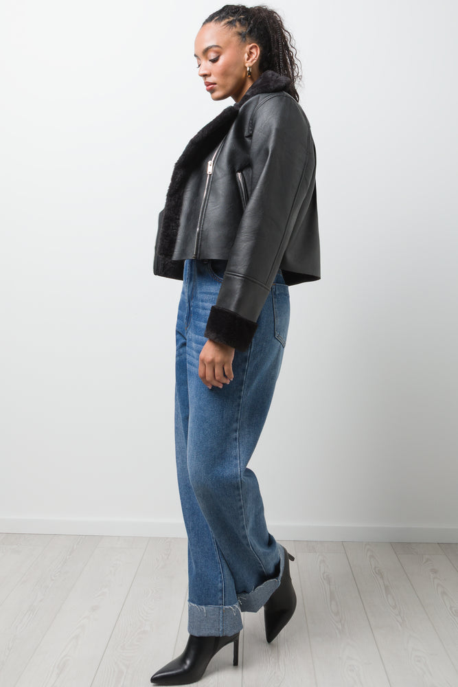 Fur Trim Aviator Jacket Black