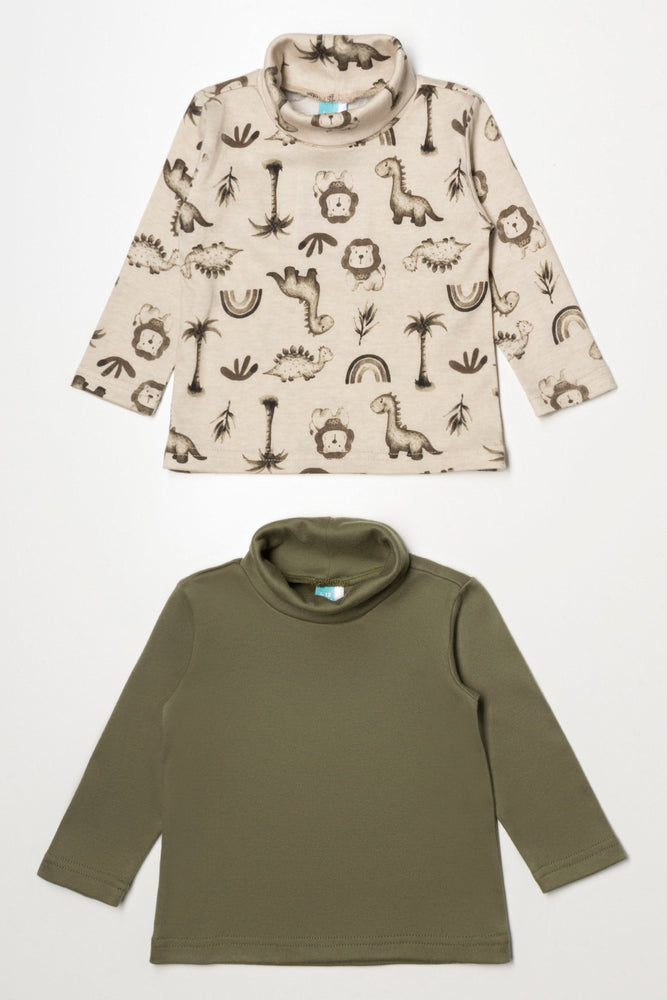 2 Pack Dinosaur Long Sleeve Polonecks Green And Natural
