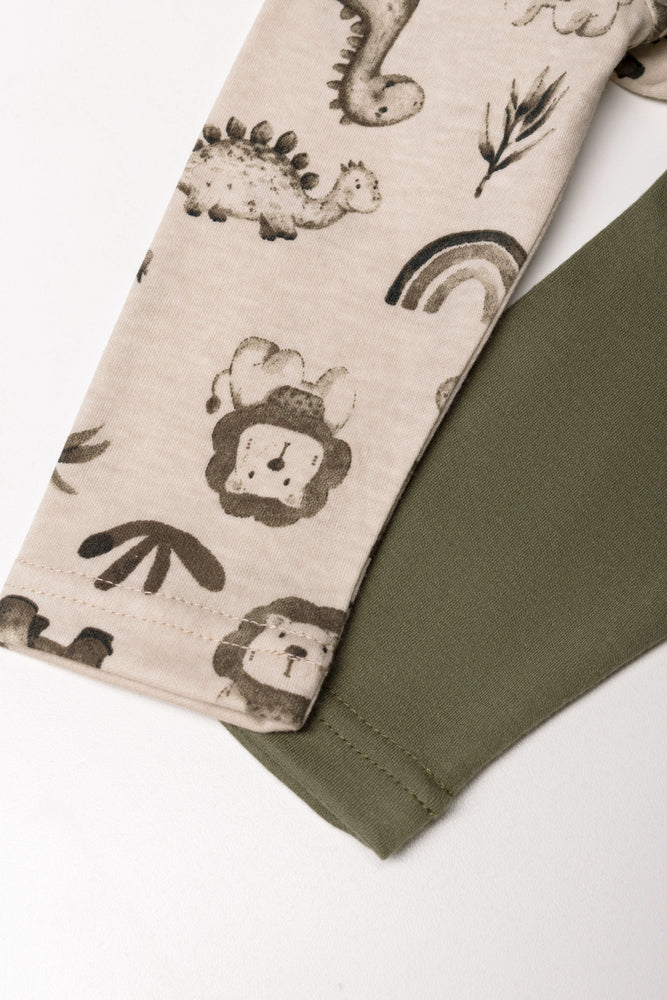 2 Pack Dinosaur Long Sleeve Polonecks Green And Natural