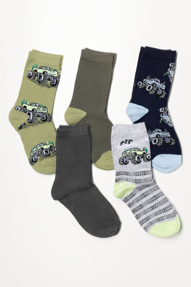 5 Pack Socks Green, Grey And Navy
