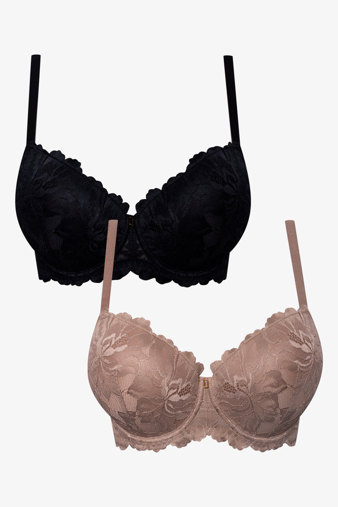 Plus Size 2 Pack Lace Balconette Bras Black And Natural