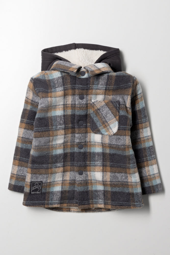 Hooded Check Shacket Grey And Blue