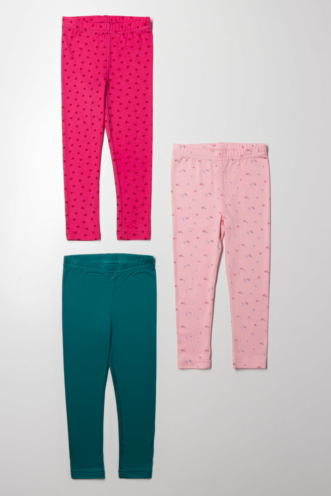 3 Pack Floral Leggings Pink And Teal