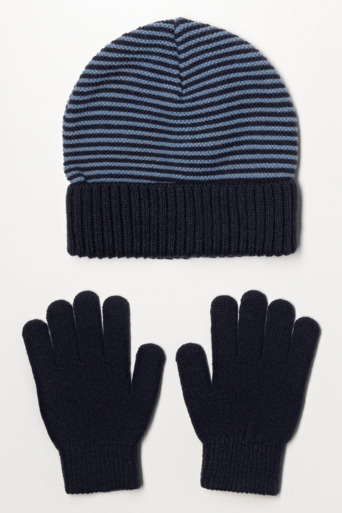 Stripe Beanie And Gloves Set Navy
