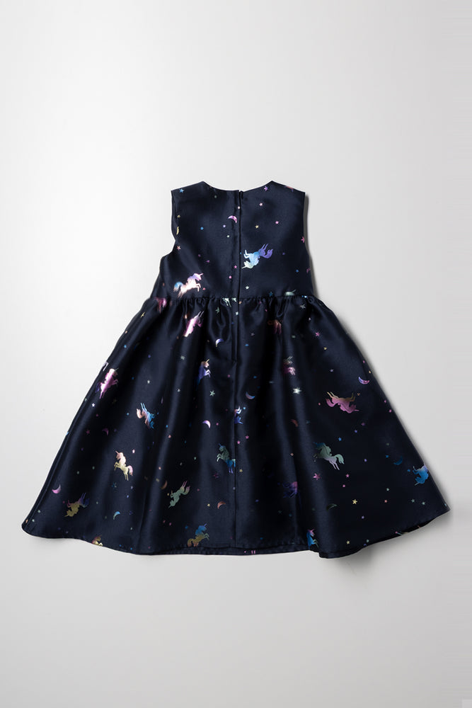 Unicorn Foil Sleeveless Dress With Bow Navy (2)