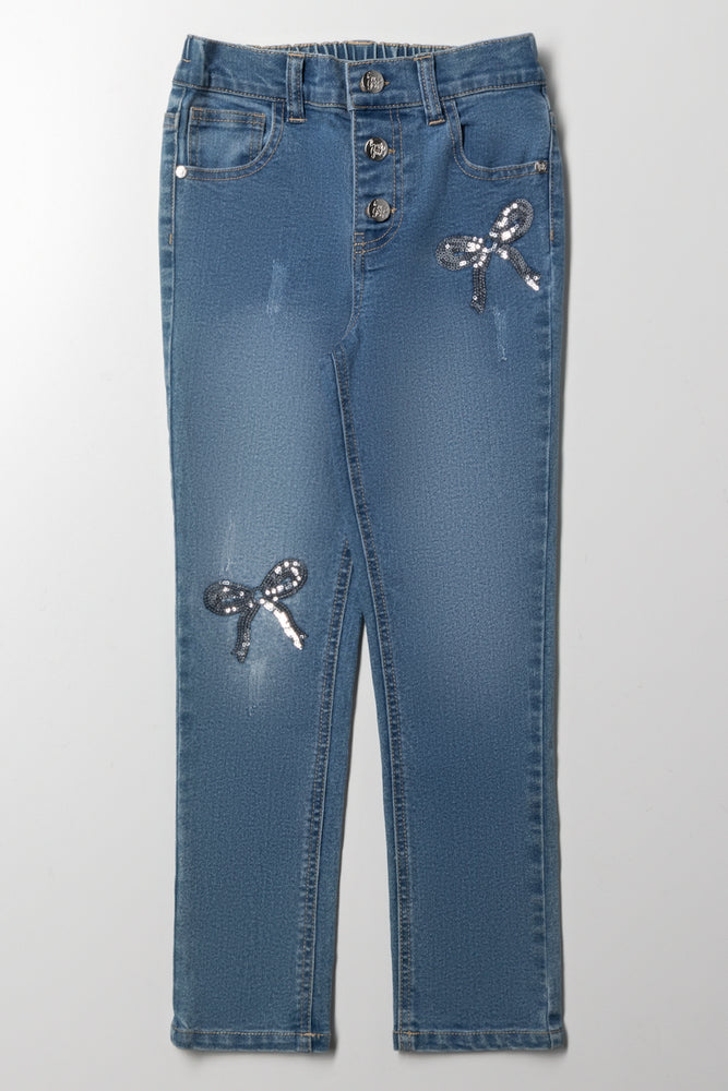 Sequin Bow Skinny Denim Blue