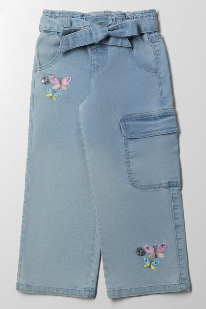 Butterfly Embroidery Wide Leg Denim Jean Blue