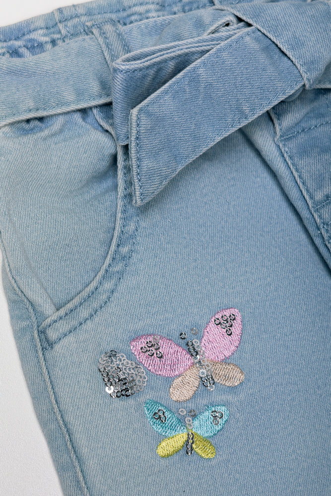 Butterfly Embroidery Wide Leg Denim Jean Blue
