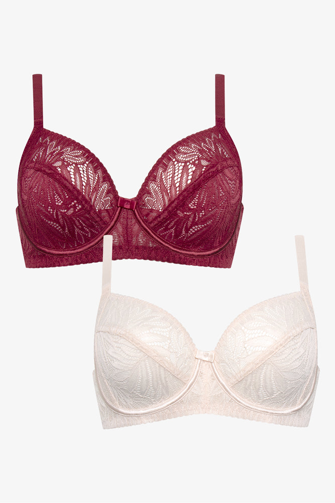 2 Pack Lace Non Padded Underwire Bras Burgundy And Natural (1)