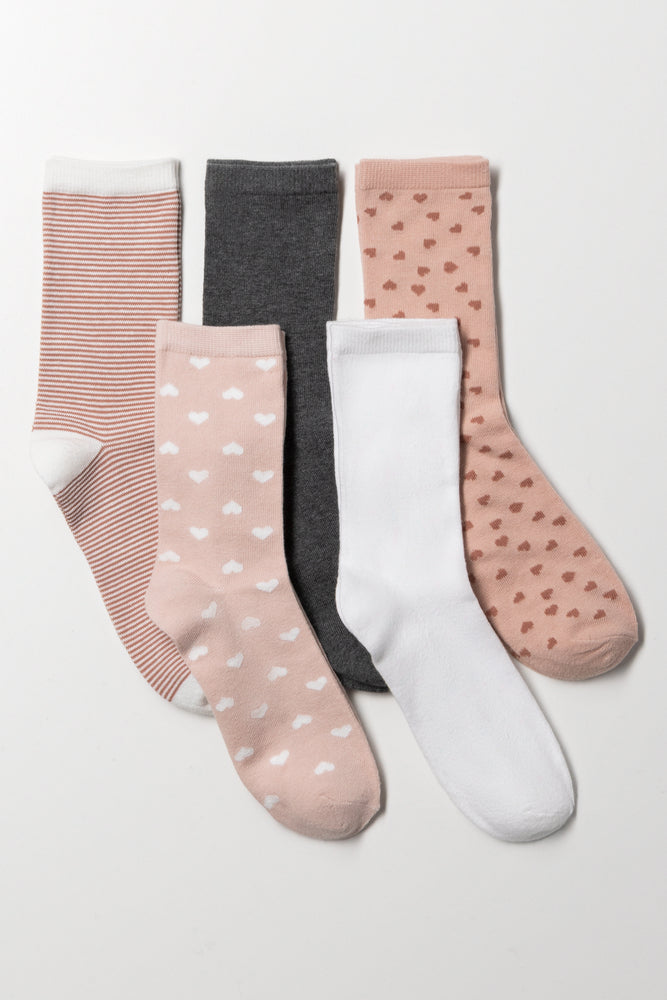 5 Pack Socks Pink, Dark Grey And White