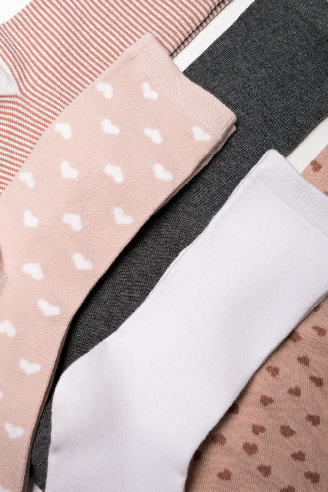 5 Pack Socks Pink, Dark Grey And White