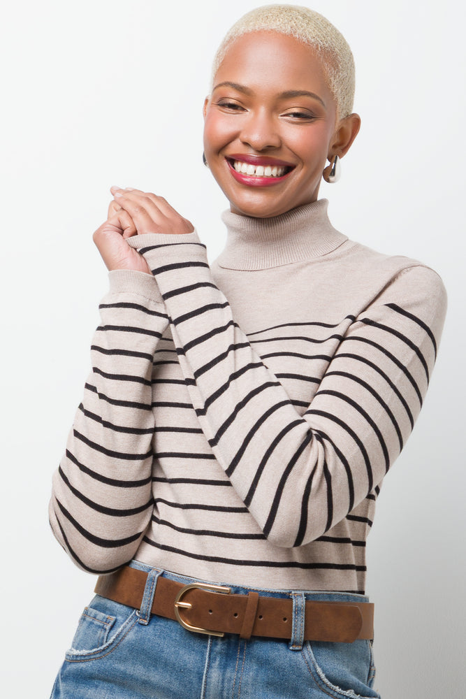Stripe Long Sleeve Poloneck Natural