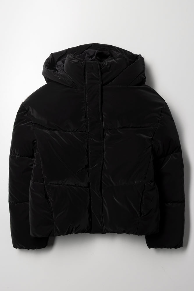 Coated Hooded Puffer Jacket Black