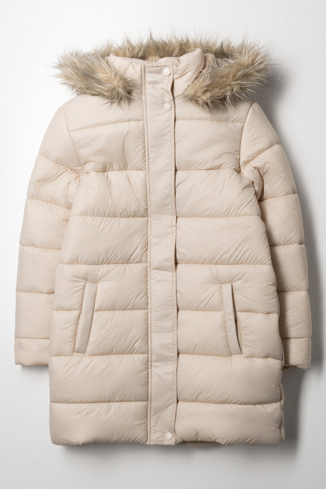 Long Fur Hooded Puffer Jacket Natural
