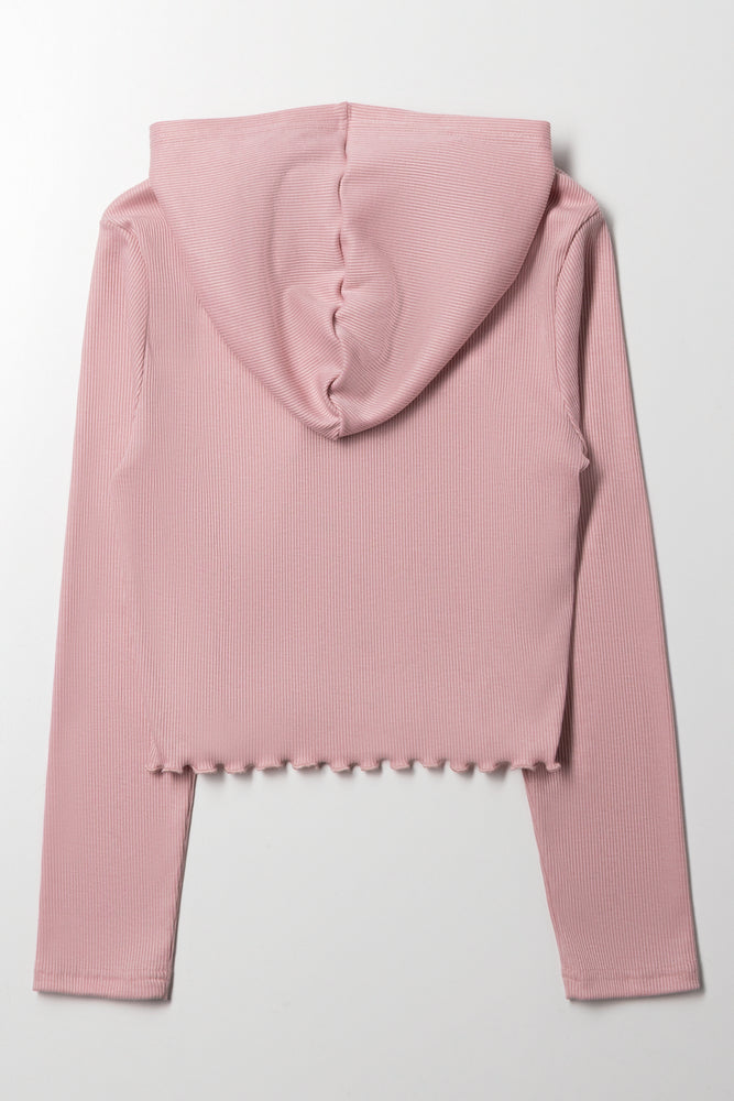 Lettuce Hem Zip Through Hoodie Pink (2)