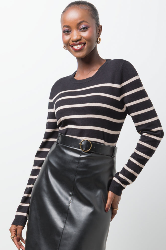 Long Sleeve Crew Neck Stripe Jersey Black