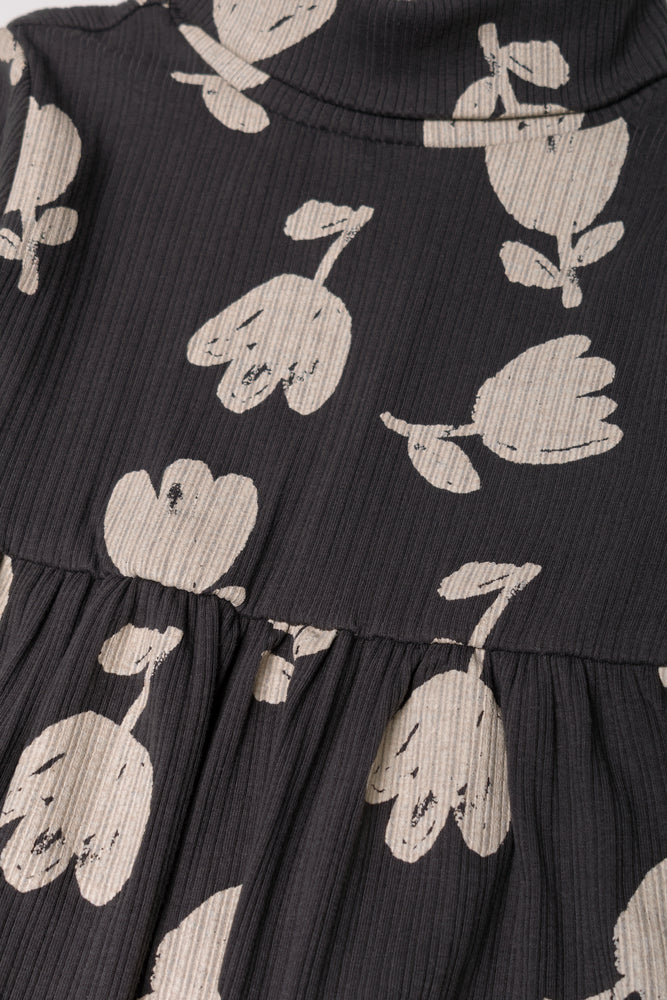 Rib Floral Poloneck Fit & Flare Dress Dark Grey