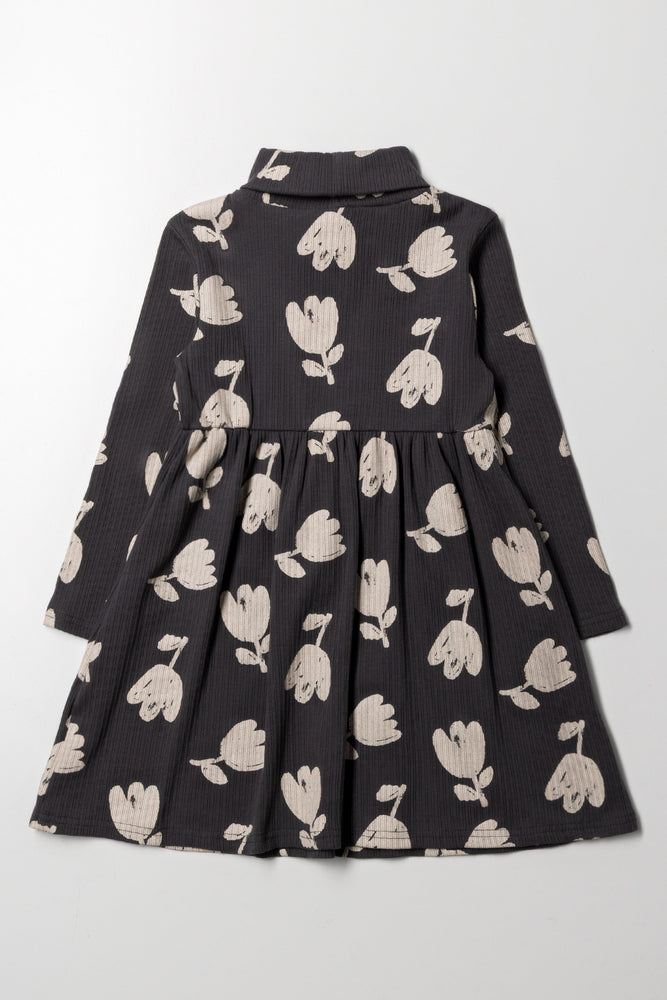 Rib Floral Poloneck Fit & Flare Dress Dark Grey (1)