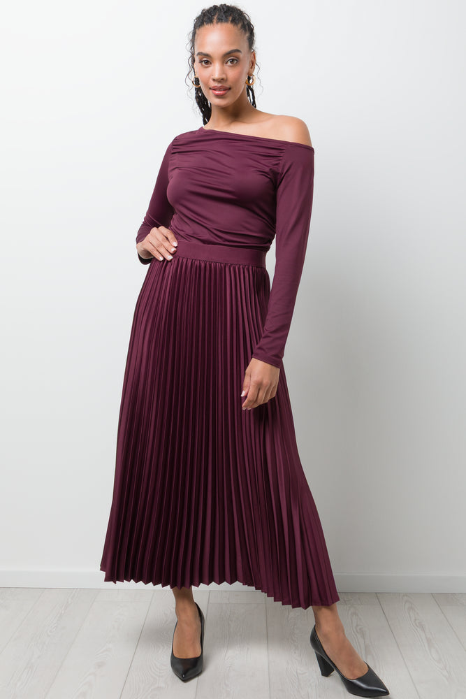 Satin Maxi Pleated Skirt Burgundy