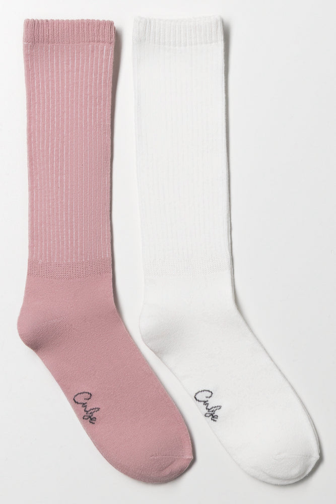 2 Pack Knee Socks White And Pink