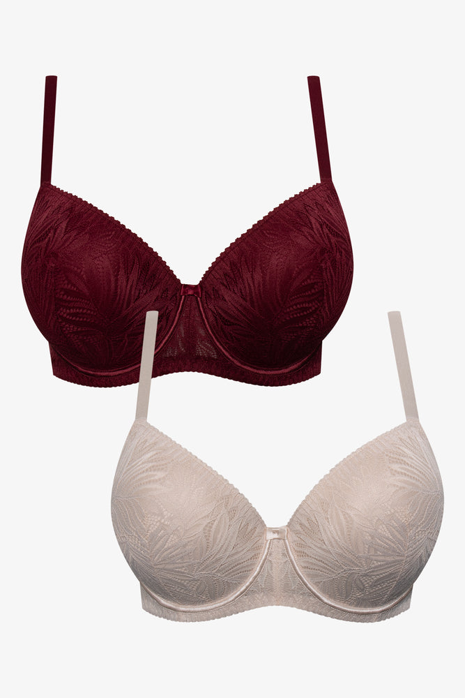 Plus Size 2 Pack Lace Balconette Bras Burgundy And Natural
