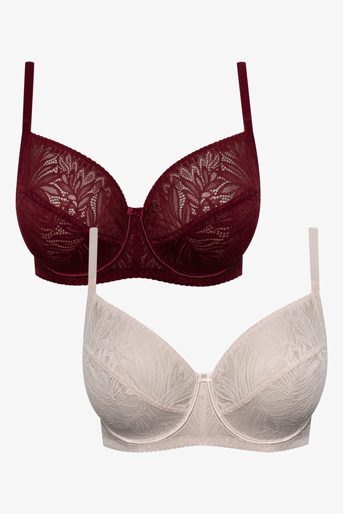 Plus Size 2 Pack Lace Non Padded Underwire Bras Burgundy And Natural