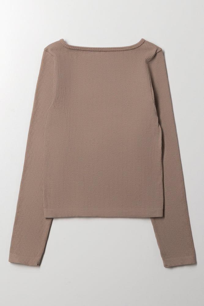 Long Sleeve Corset Style Top Brown (2)