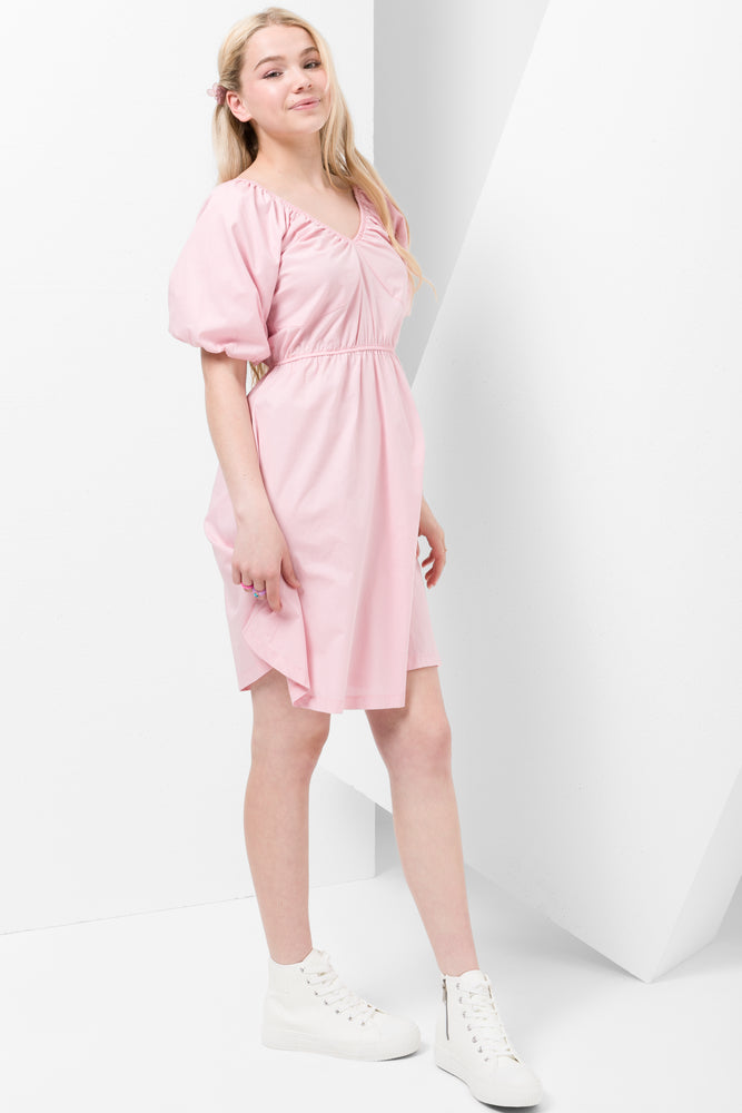 Poplin Puff Sleeve Dress Pink (1)