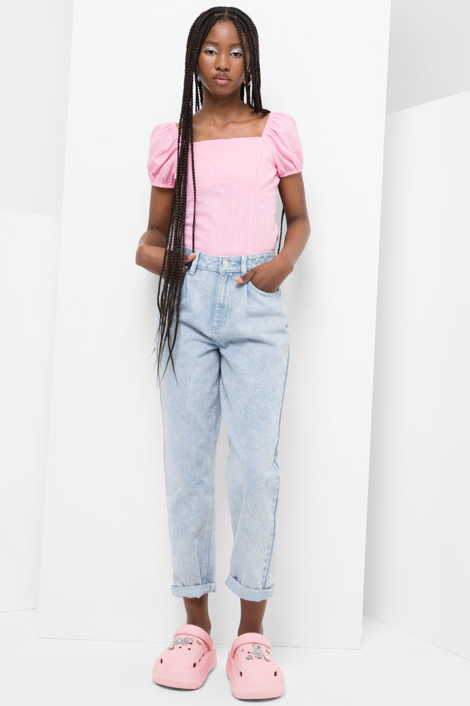 Milkmaid Puff Sleeve Top Pink