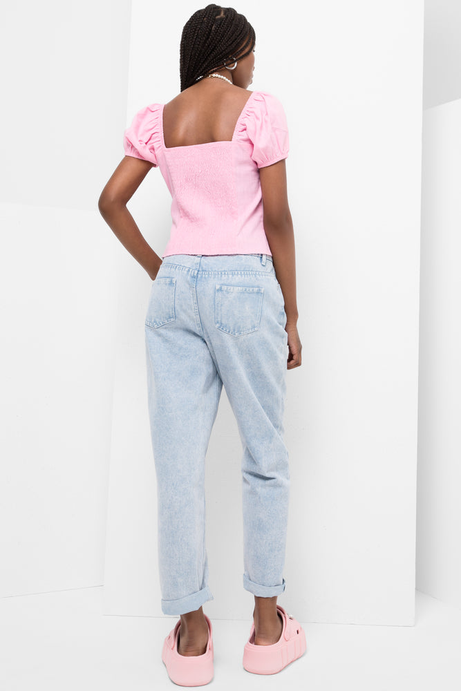 Milkmaid Puff Sleeve Top Pink (2)