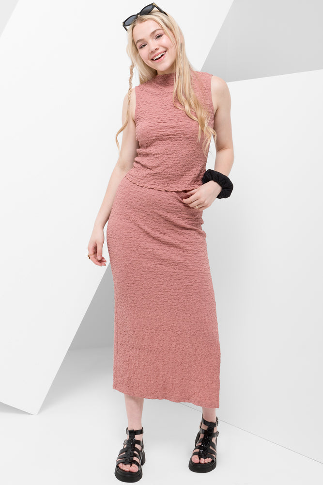 High neck textured top rose pink