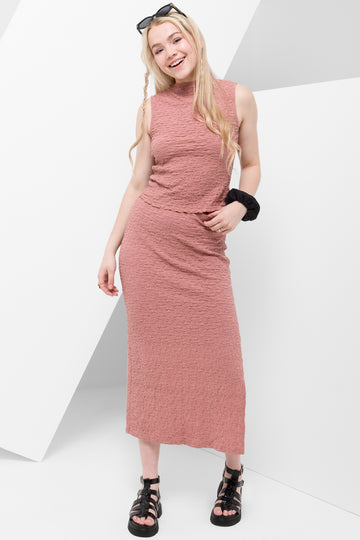 High neck textured top rose pink