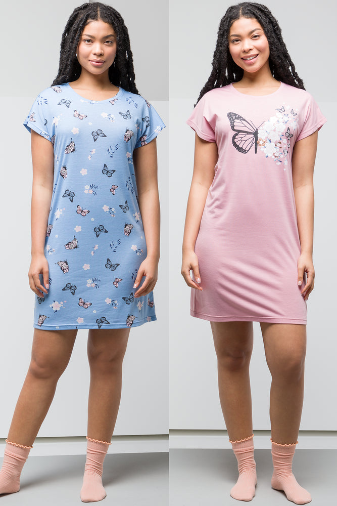 2 Pack Butterfly Flowers Sleepshirts Pink And Blue