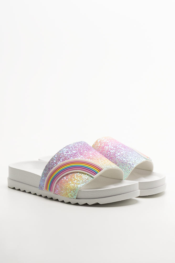 Rainbow Glitter Slides White