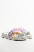Rainbow Glitter Slides White