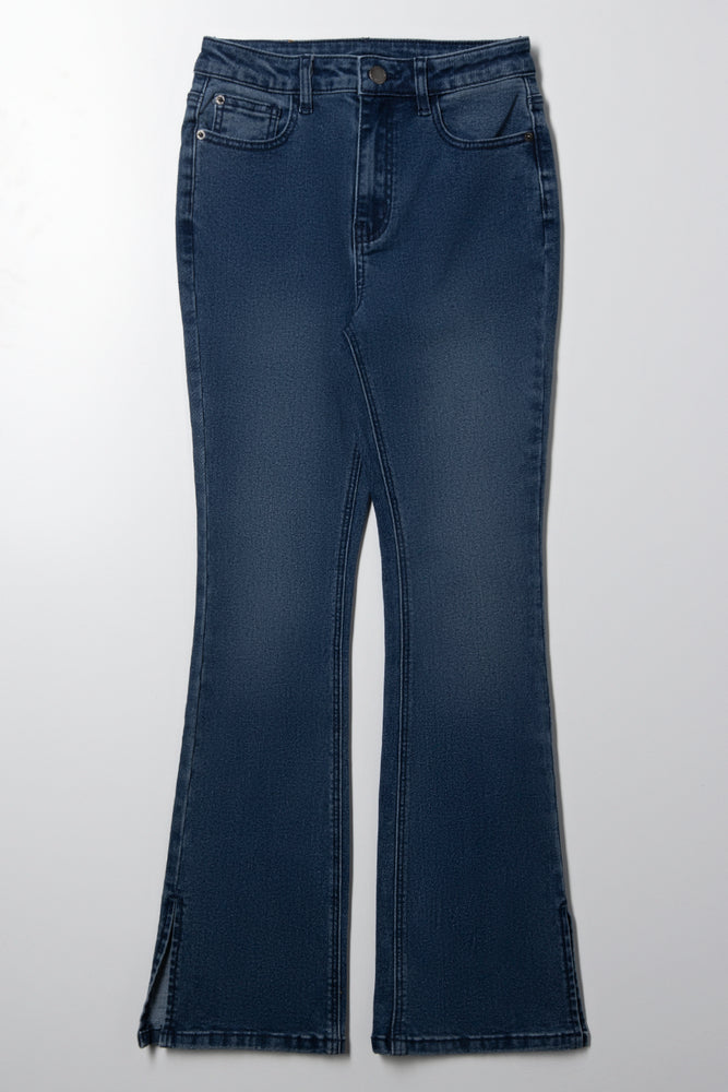 Flare Leg Denim Jean With Slit Dark Blue