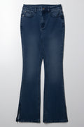 Flare Leg Denim Jean With Slit Dark Blue