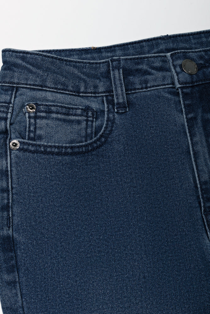 Flare Leg Denim Jean With Slit Dark Blue