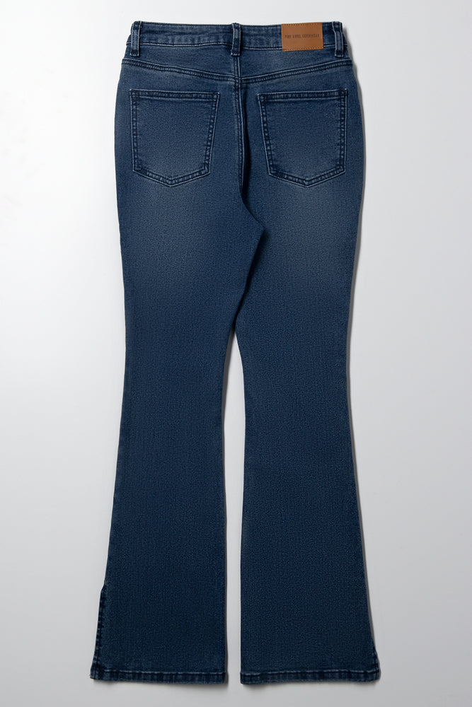Flare Leg Denim Jean With Slit Dark Blue (4)