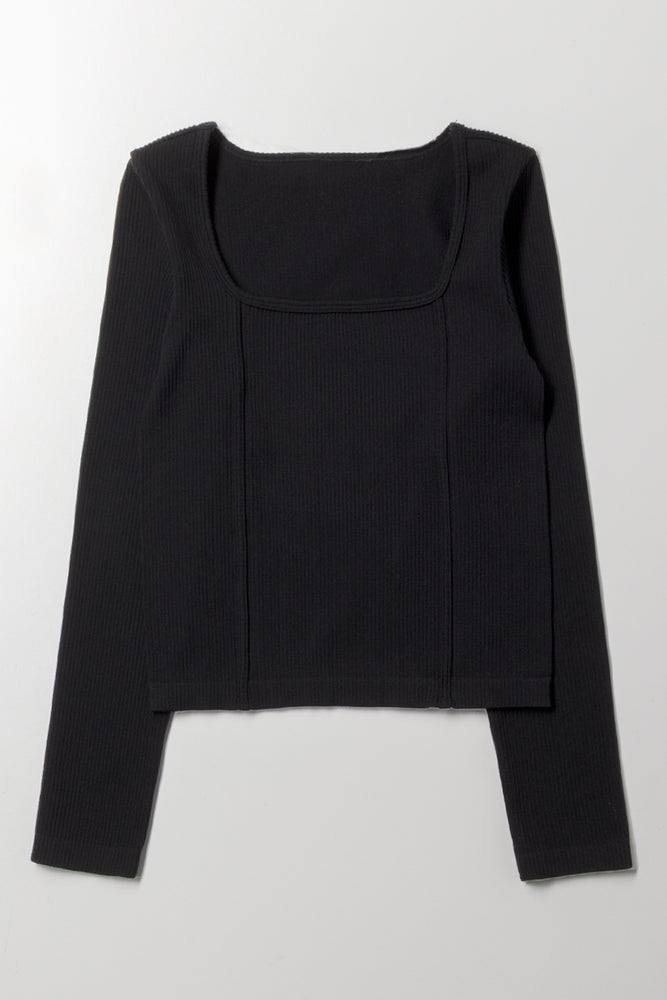 Long Sleeve Corset Style Top Black