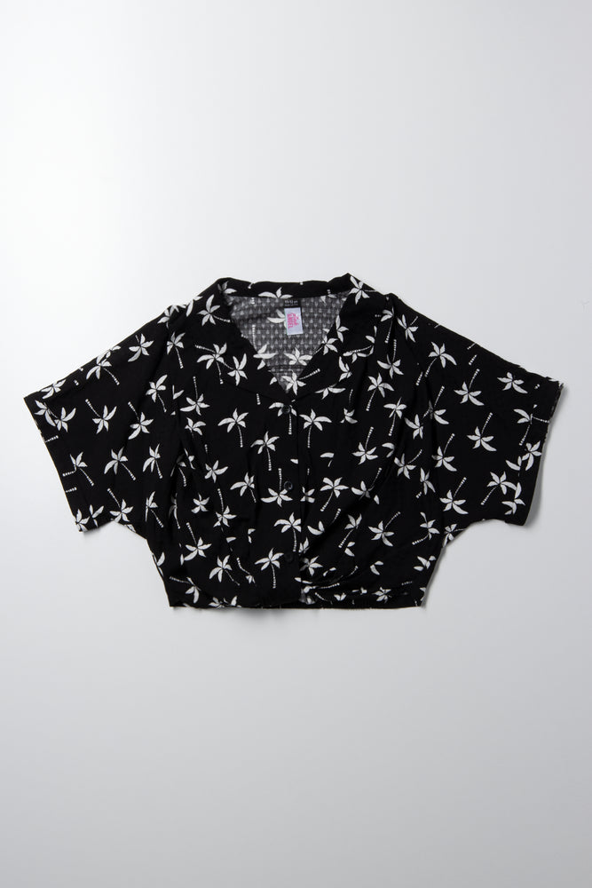 Palm Print Top With Knot Black