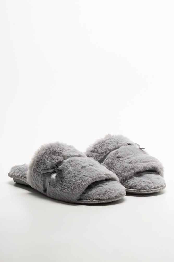 Satin Bow Open Toe Slippers Grey