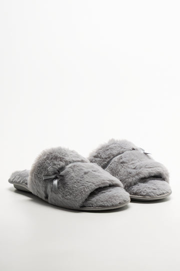 Satin Bow Open Toe Slippers Grey