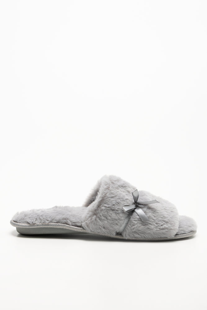 Satin Bow Open Toe Slippers Grey (1)