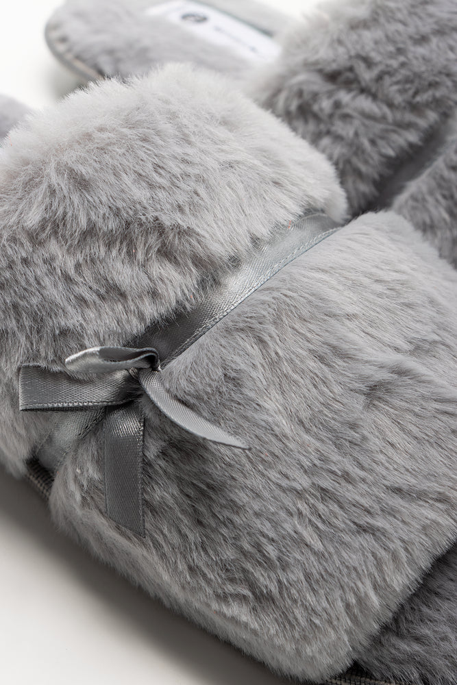 Satin Bow Open Toe Slippers Grey (2)