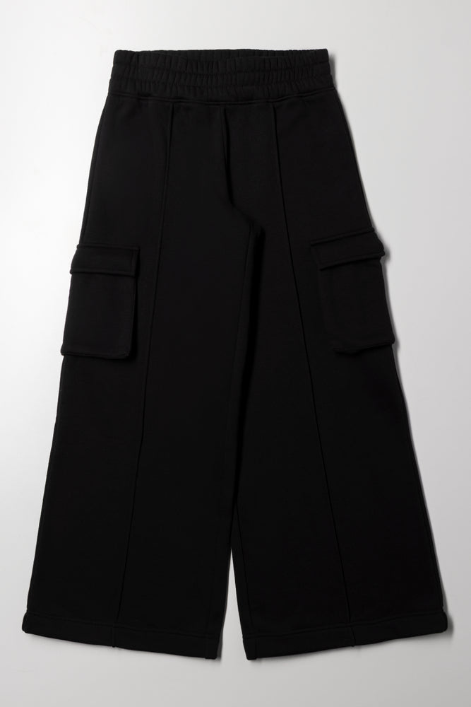 Wide Leg Cargo Trackpants Black