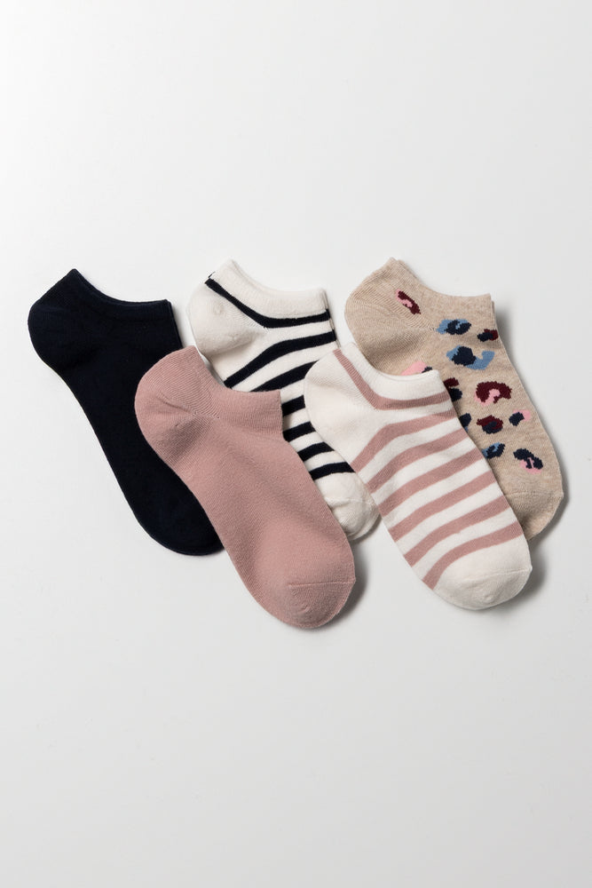 5 Pack Lowcut Socks Navy, Natural And Pink